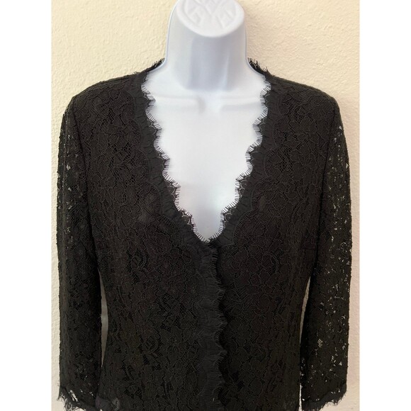 Diane von Furstenberg Shirt 6 Women Blk Lace Top ButtonUp Sheer Long Sleeve $298 - Picture 2 of 12